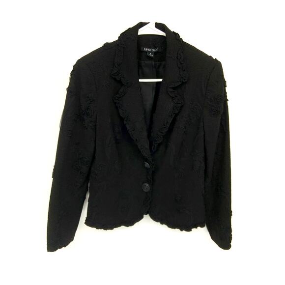 Womens Insight Black Ruffled Cotton Blazer Floral Embroidered 2 Buttons Size 6 - Picture 1 of 7
